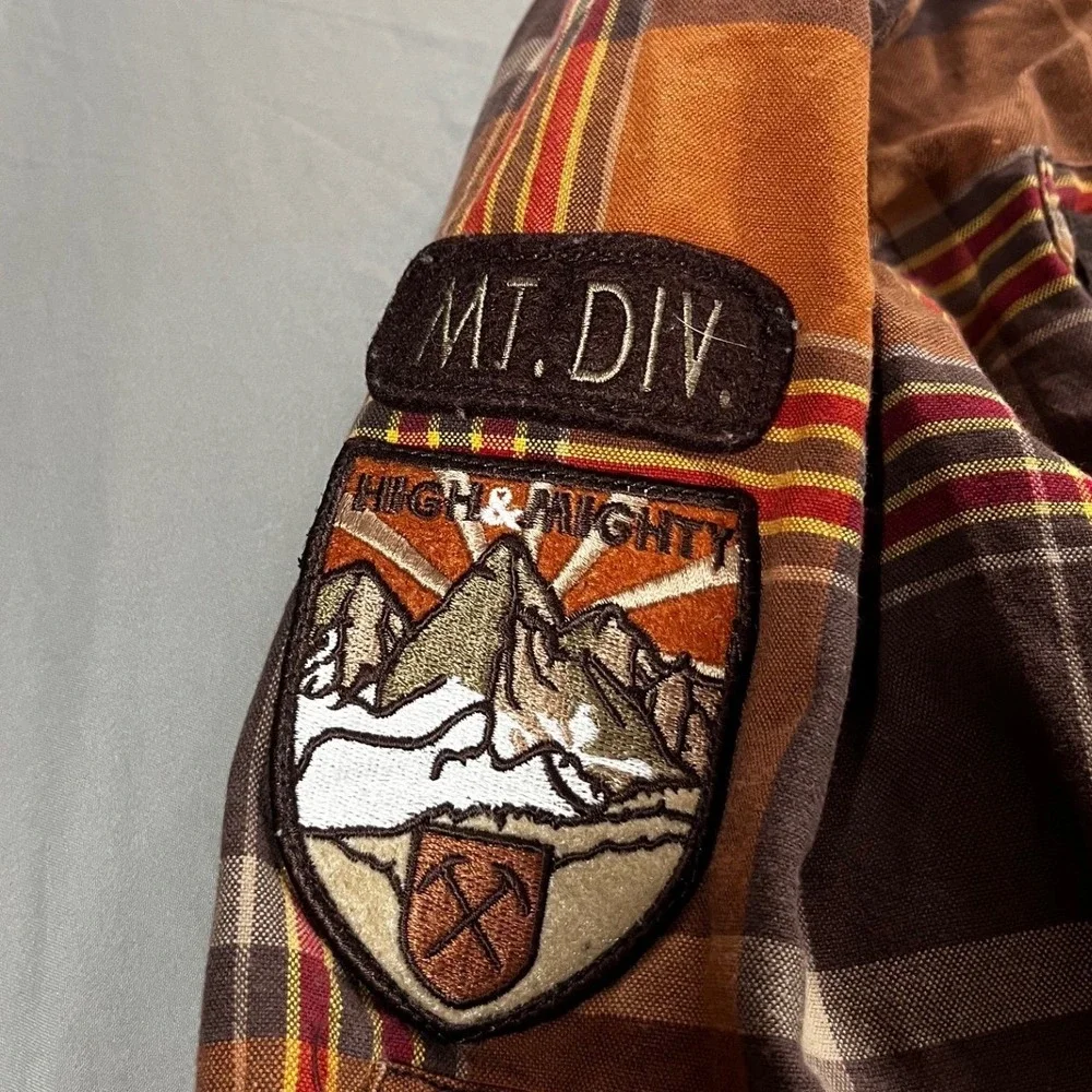 Parish Nation Mens 3XL Plaid Flannel Button Down Shirt Mountain‎ Patches Brown